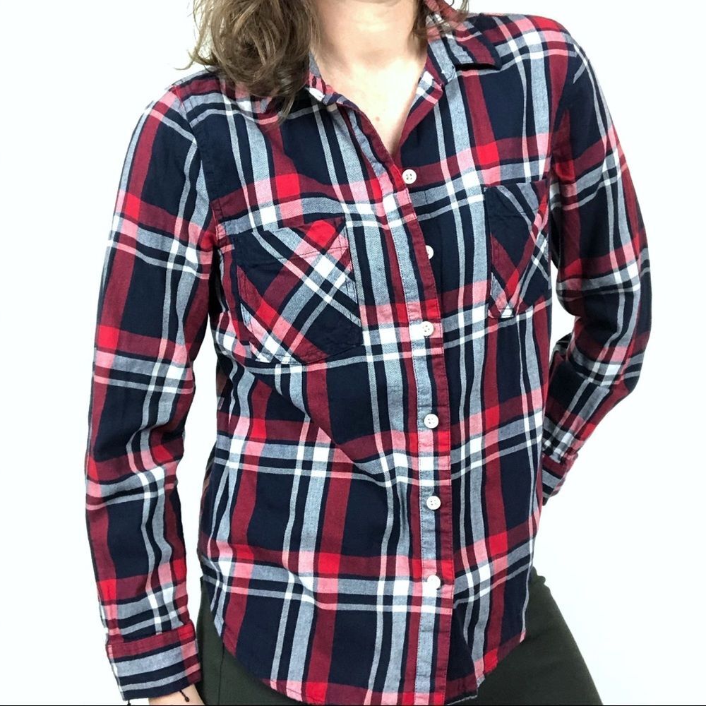 Old Navy Classic Plaid Navy Red Long Sleeve Shirt